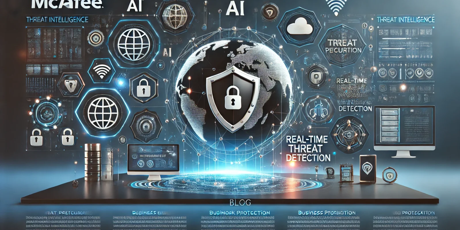 Here's the banner image for your blog on mcafee's threat intelligence and detection. It conveys a futuristic, tech-forward design with a focus on ai, global network security, and real-time protection. Let me know if you need any modifications!