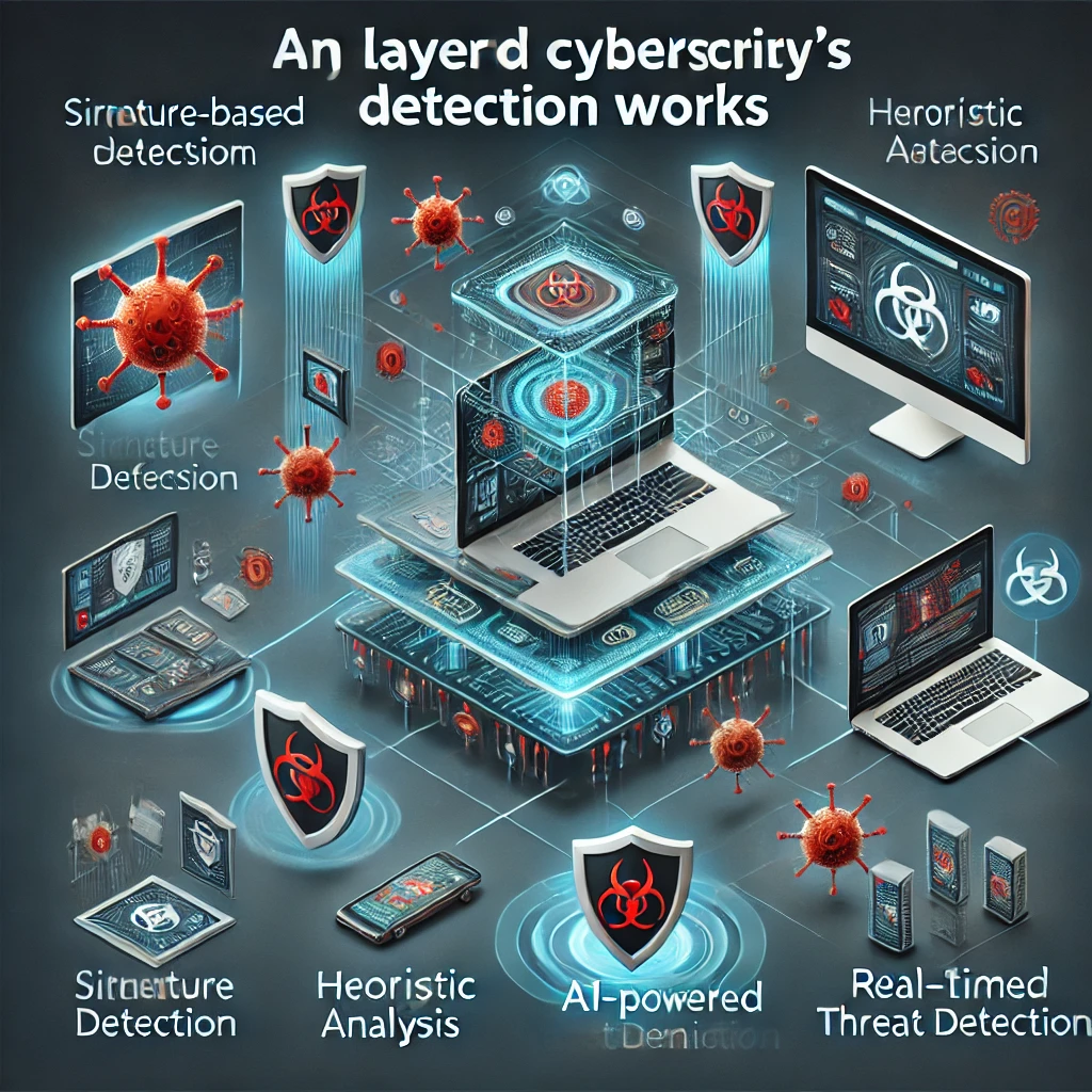 Here is the image illustrating how mcafee's detection system works, showcasing key elements like layered defense, ai-powered detection, and real-time threat monitoring. Let me know if you'd like any changes!